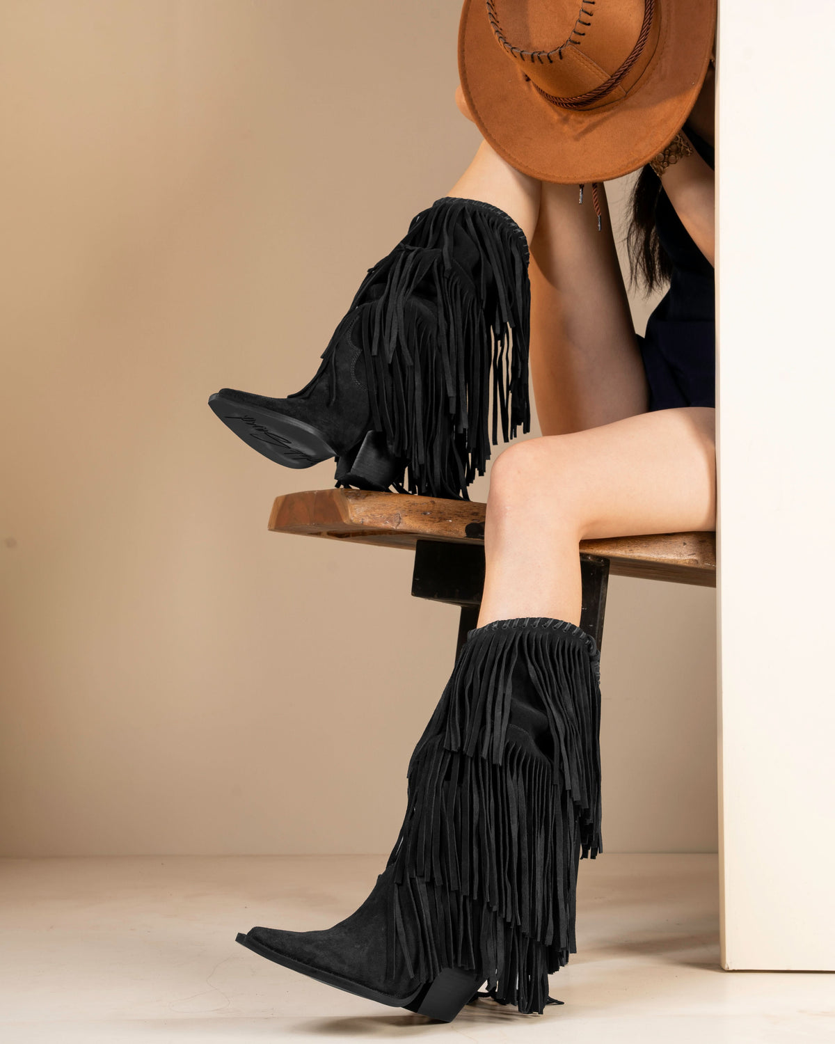 NoirCascasde – Three Layer Fringe Boots, Black — 08 on the foot 3