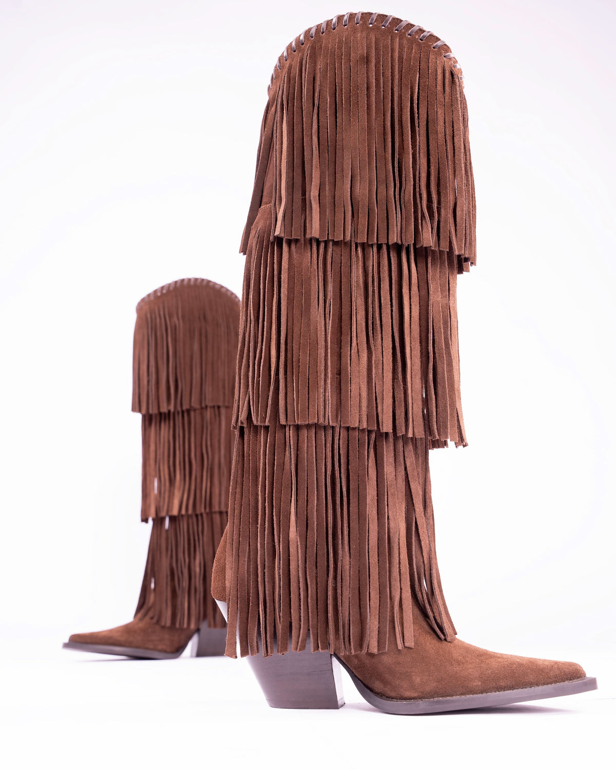 NoirCascasde – Three Layer Fringe Boots, Chocolate — 03 side profile