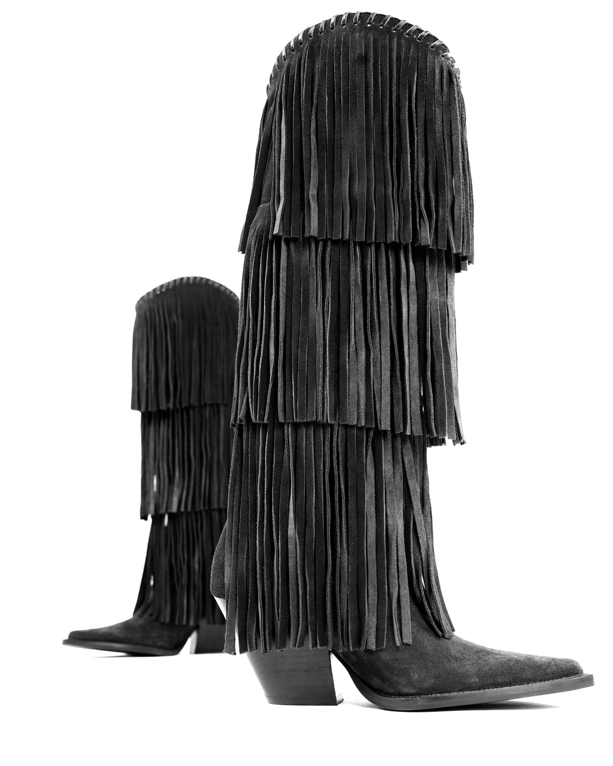 NoirCascasde – Three Layer Fringe Boots, Black — 04 side profile
