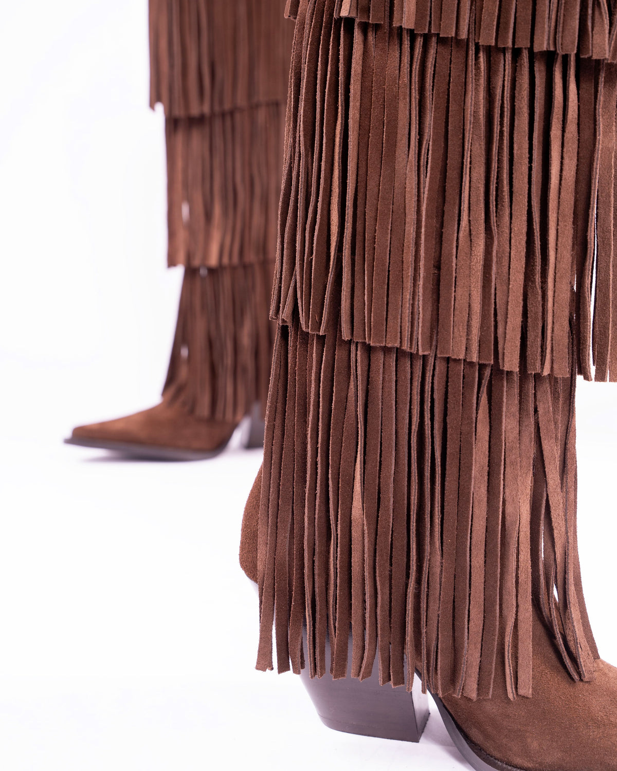 NoirCascasde – Three Layer Fringe Boots, Chocolate — 02 close-up