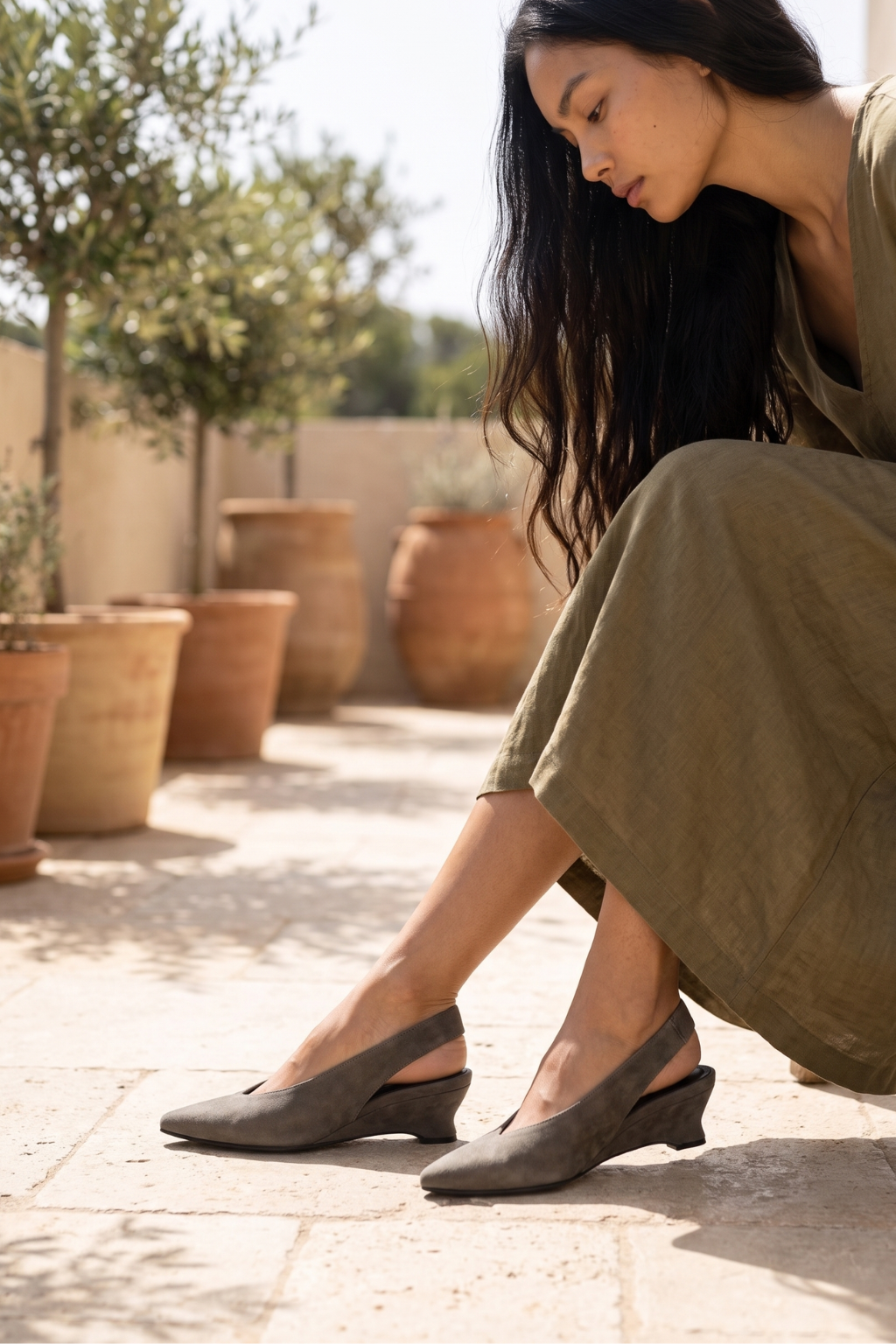 Solera Suede Slingback Wedge, Grey — 07 on model