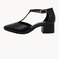 Black leather shoe with a block heel on a white background