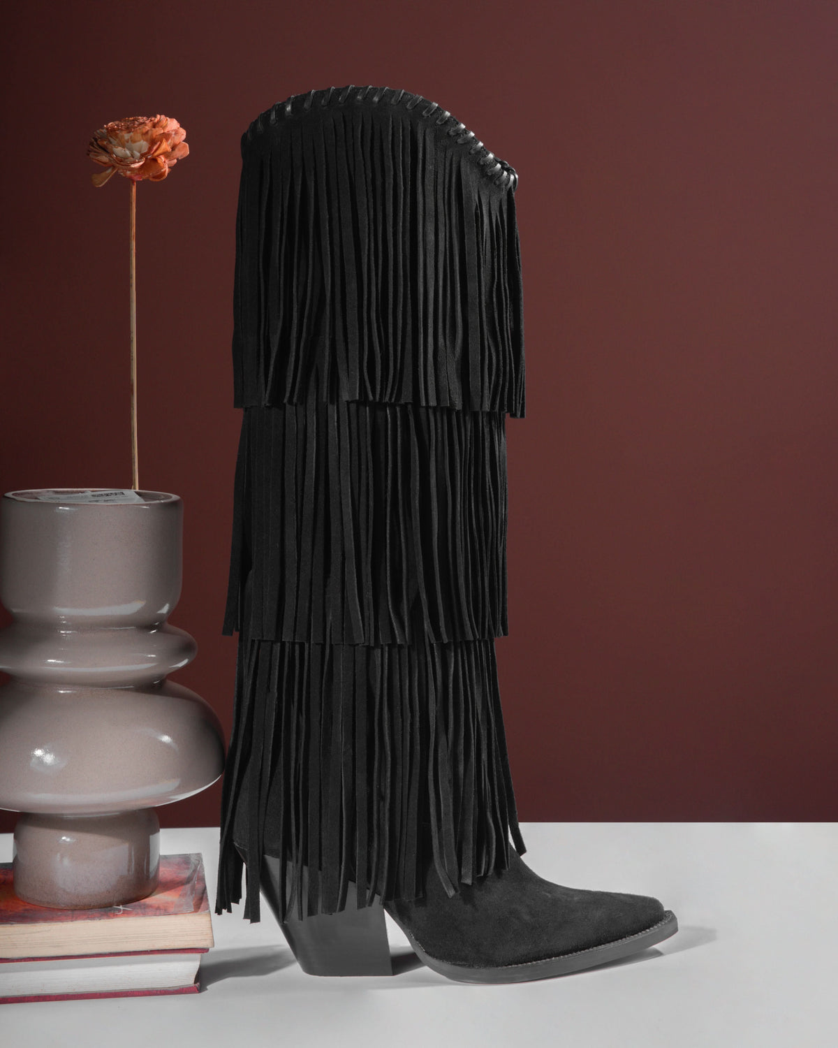 NoirCascasde – Three Layer Fringe Boots, Black — 11 styled