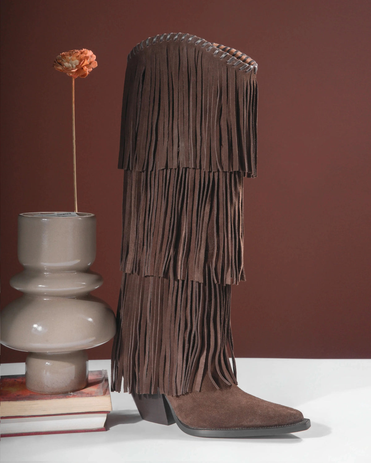 NoirCascasde – Three Layer Fringe Boots, Chocolate — 09 styled