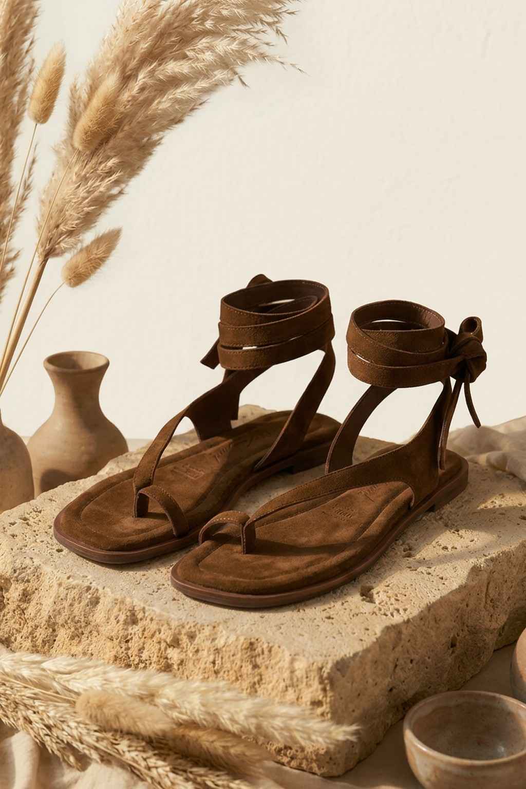 Lumeve – Minimal Wrap Thong Sandals, Cognac — 08 styled