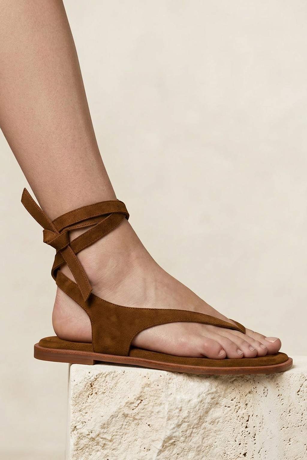 Lumeve – Minimal Wrap Thong Sandals, Cognac — 06 on the foot