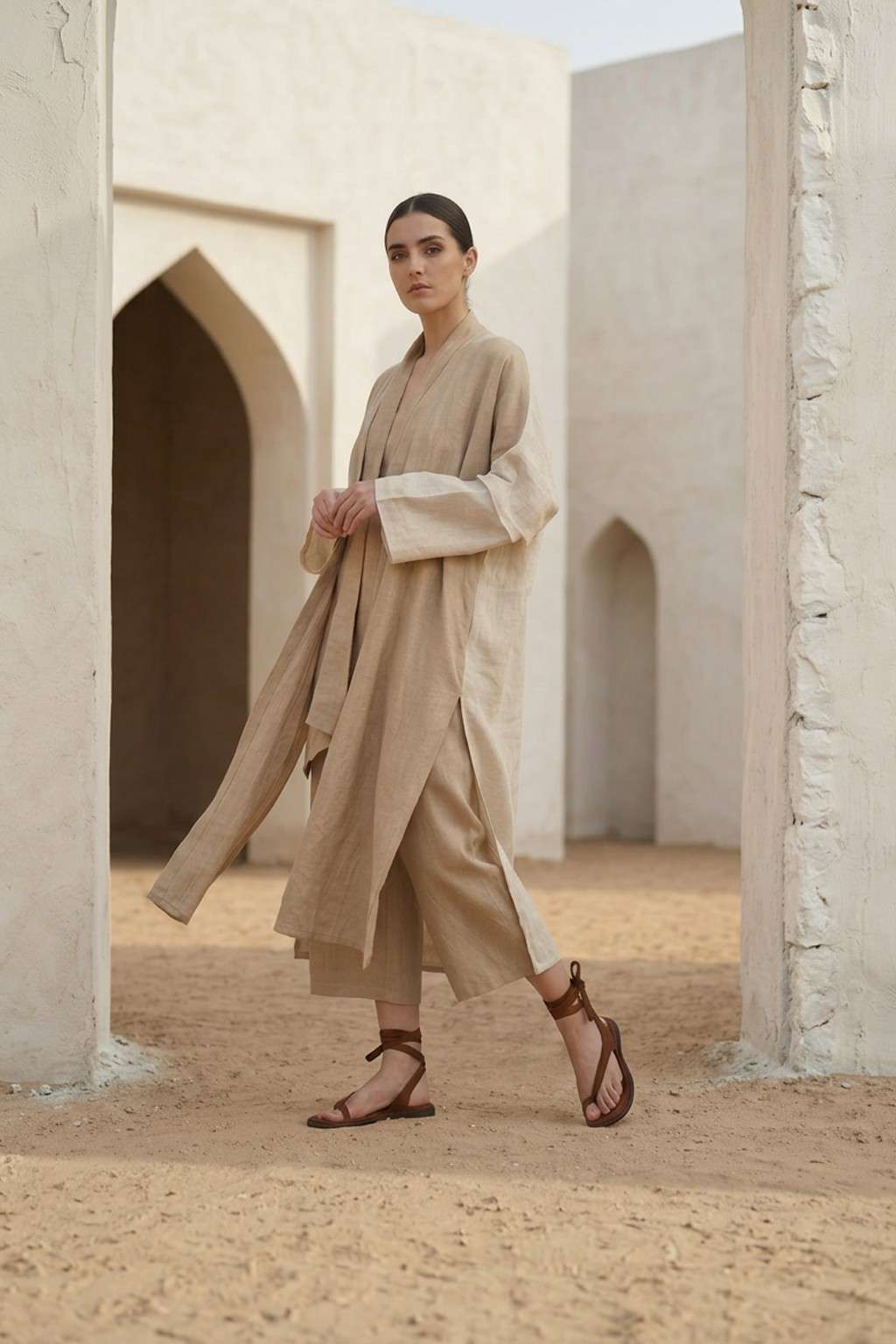 Lumeve – Minimal Wrap Thong Sandals, Cognac — 07 on model