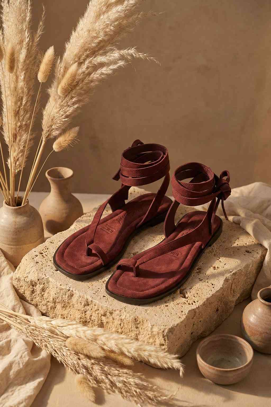 Lumeve – Minimal Wrap Thong Sandals, Burgundy — 08 styled