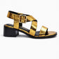 Gold and black sandal with a block heel