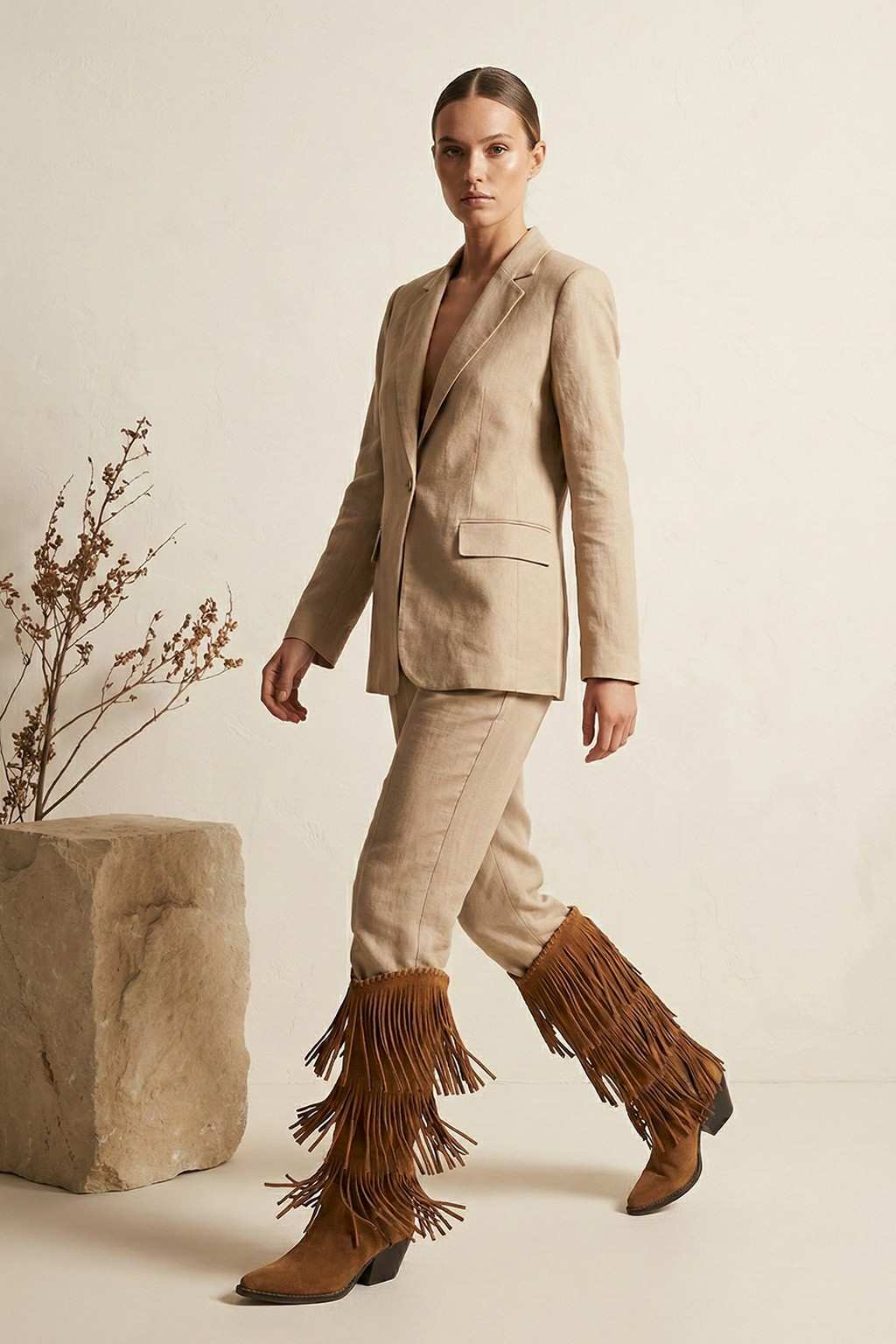 NoirCascasde – Three Layer Fringe Boots, Cognac — 07 on model