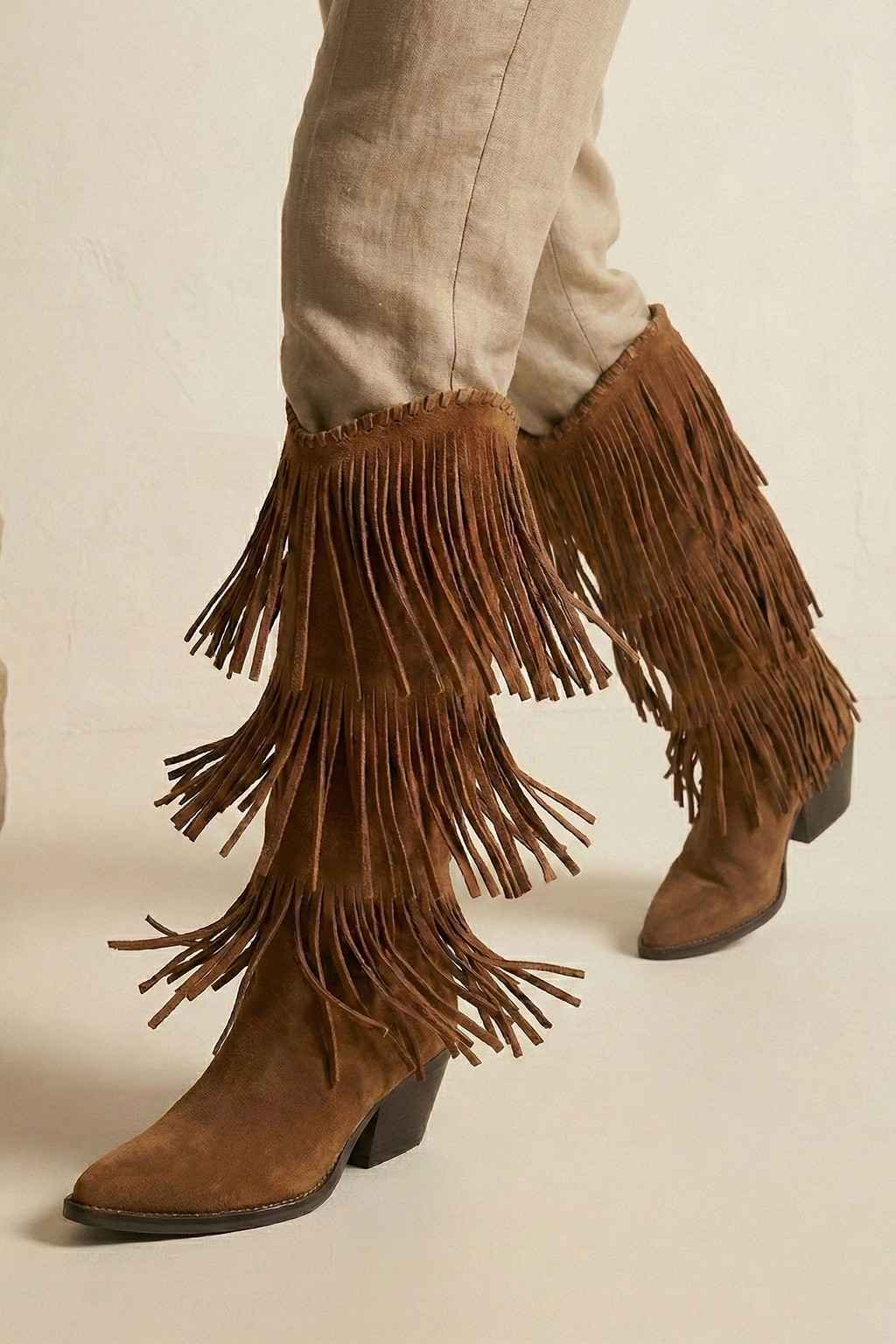 NoirCascasde – Three Layer Fringe Boots, Cognac — 06 on the foot