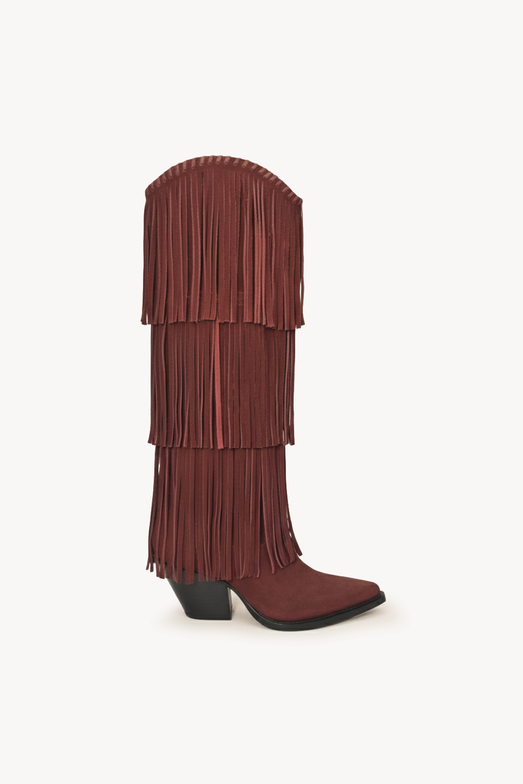 NoirCascasde – Three Layer Fringe Boots, Wine — 03 side profile