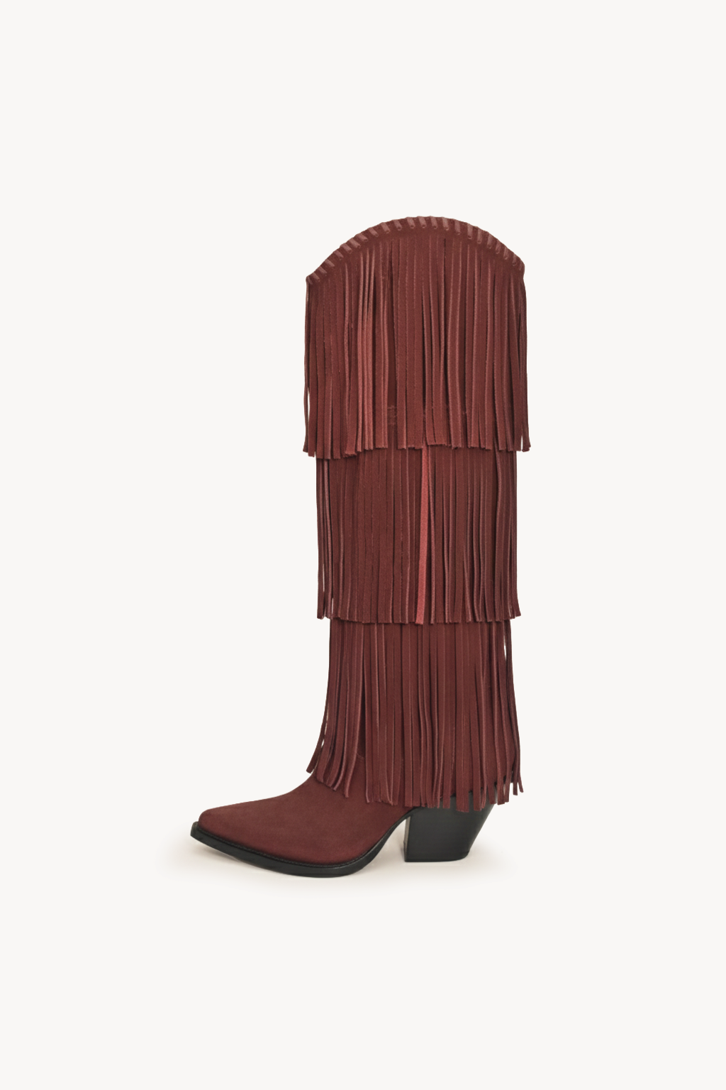 NoirCascasde – Three Layer Fringe Boots, Wine — 04 side profile 2