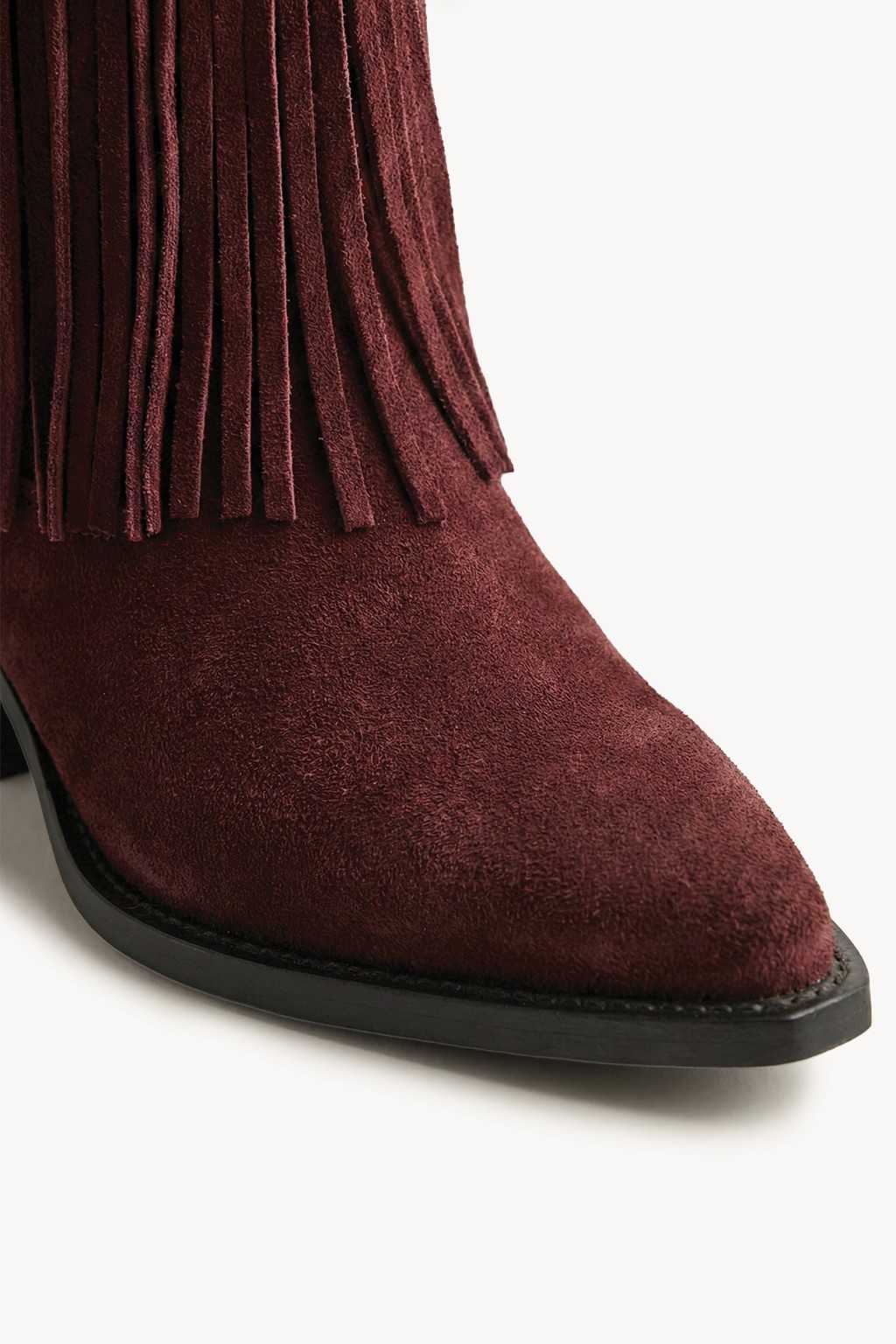 NoirCascasde – Three Layer Fringe Boots, Wine — 02 close-up