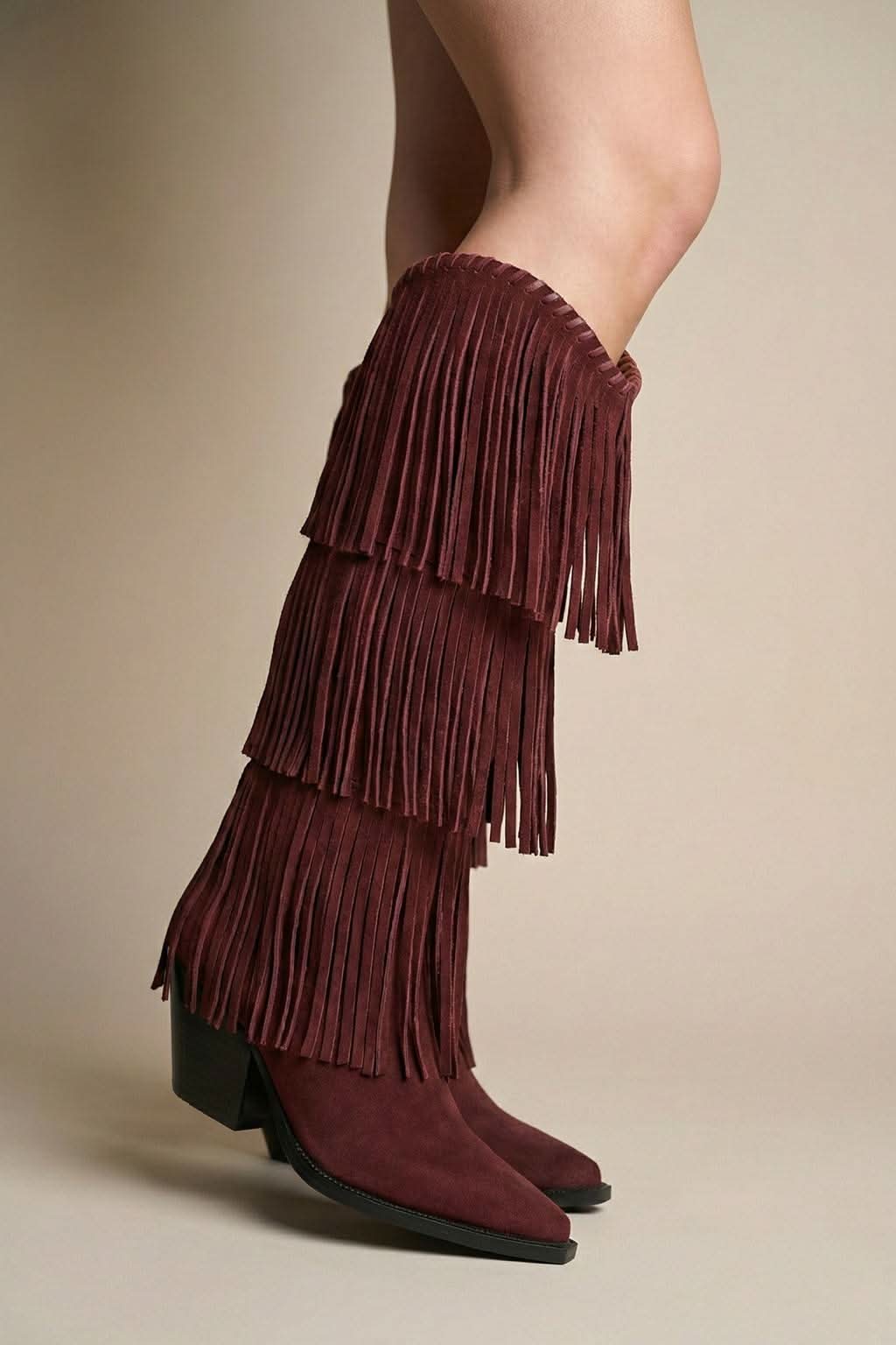 NoirCascasde – Three Layer Fringe Boots, Wine — 06 on the foot