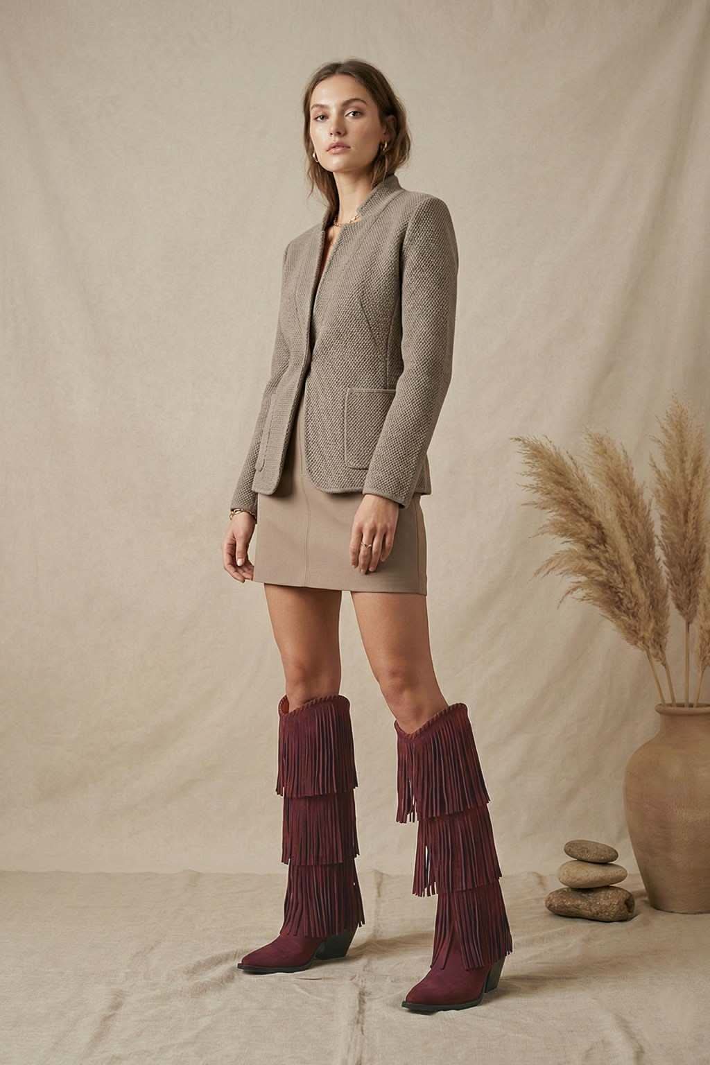 NoirCascasde – Three Layer Fringe Boots, Wine — 07 on model