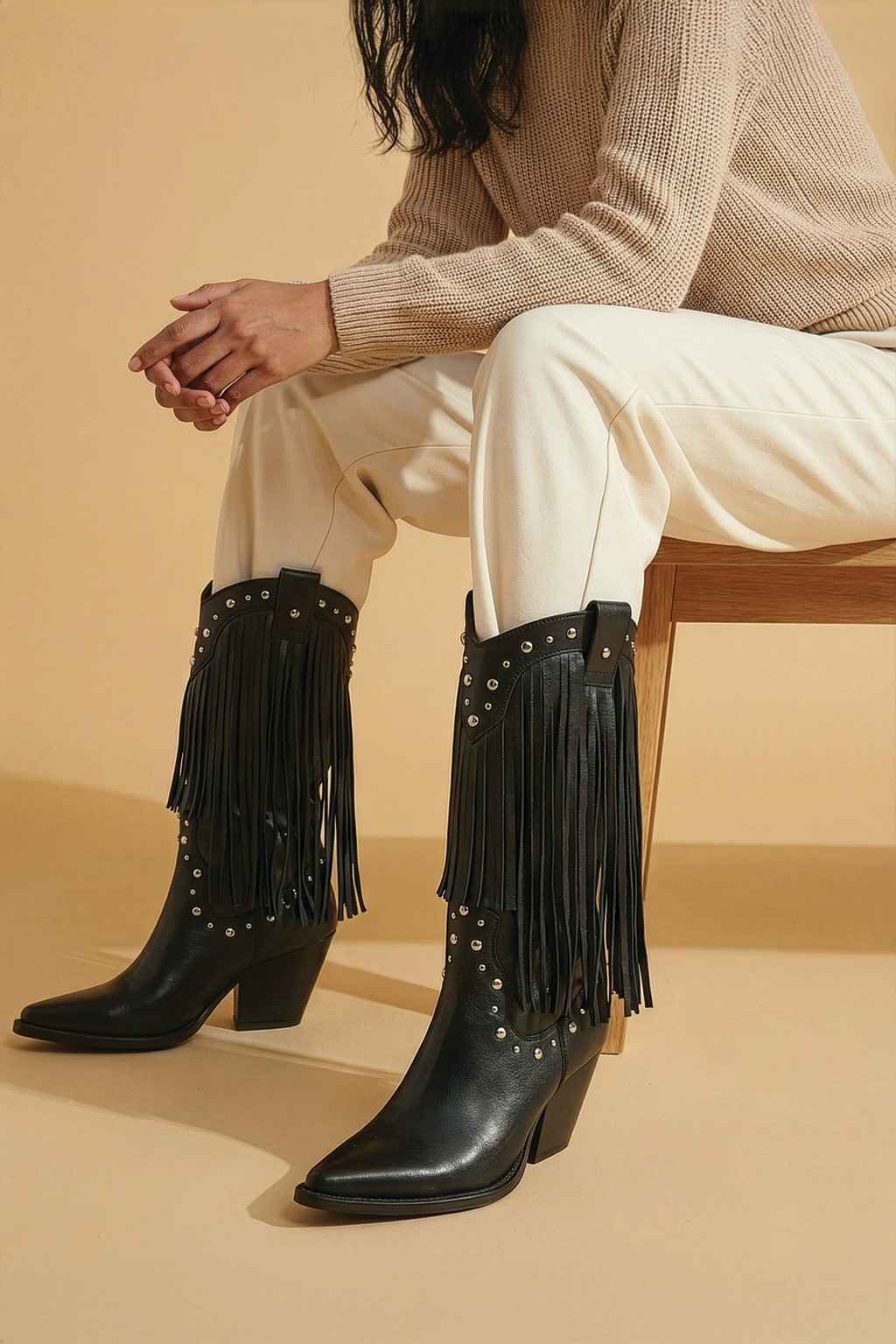 NoirSpill – Cascading Fringe Boots, Dark Brown — 06 on the foot