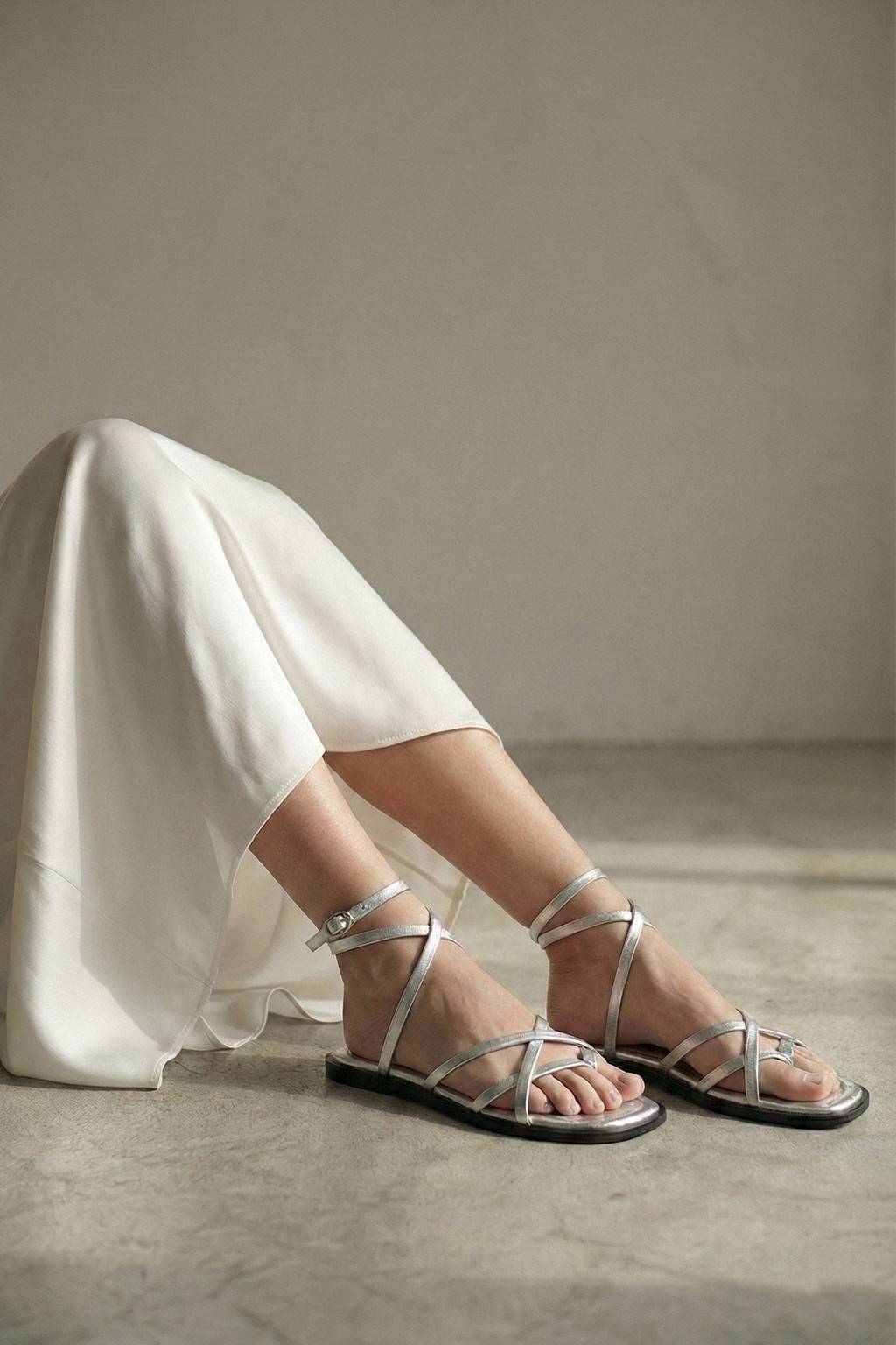 Noirve – Architectural Strap Sandals, Silver — 06 on the foot