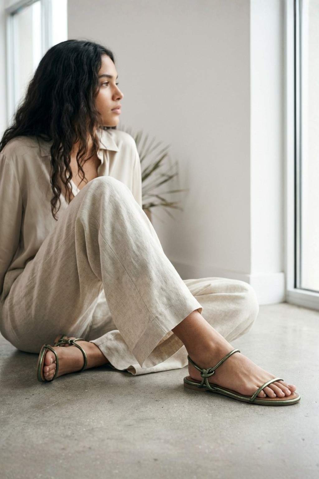 Orbit – Flat Strappy Comfort Sandals, Olive — 07 on model