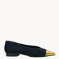 Black flat shoe with gold cap toe on a white background