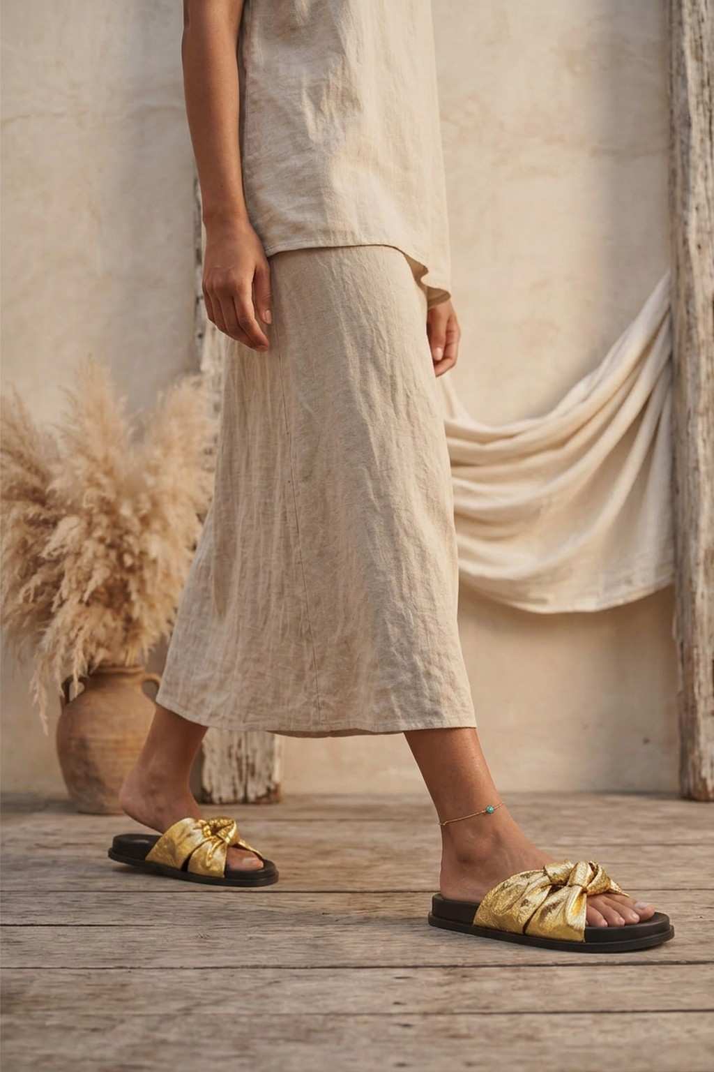 Tide – Flat Comfort Sandals, Gold — 06 on the foot
