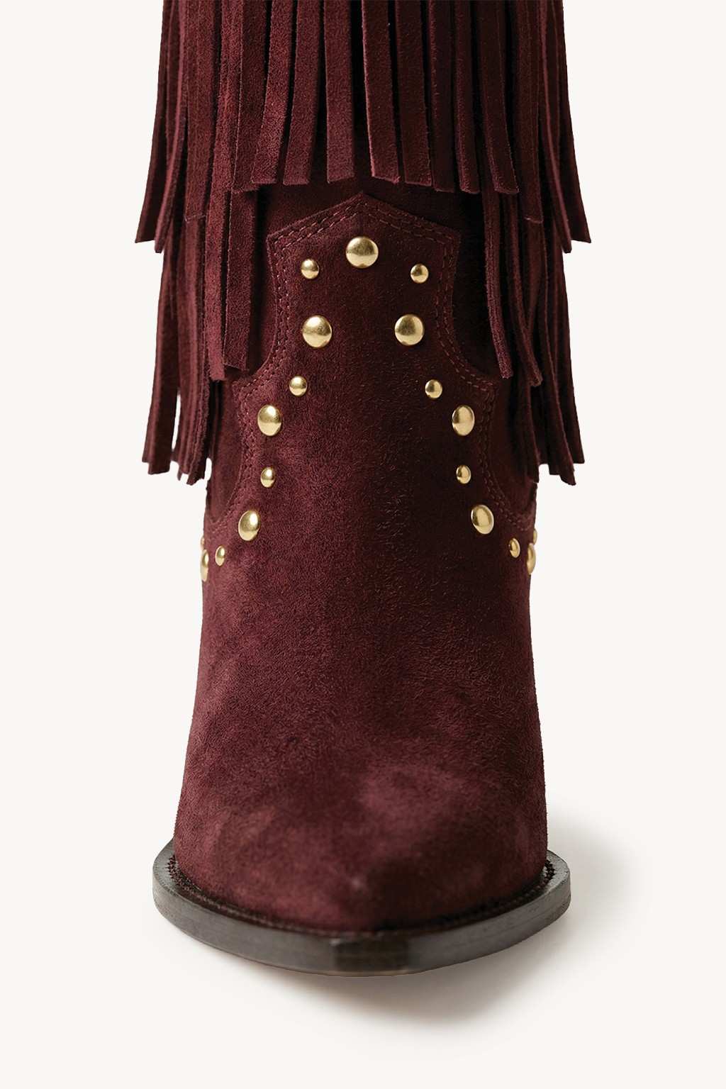 NoirSpill – Cascading Fringe Boots, Burgundy — 02 close-up