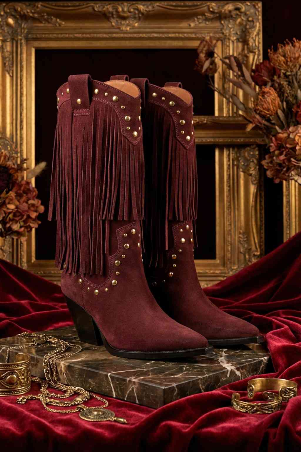 NoirSpill – Cascading Fringe Boots, Burgundy — 08 styled