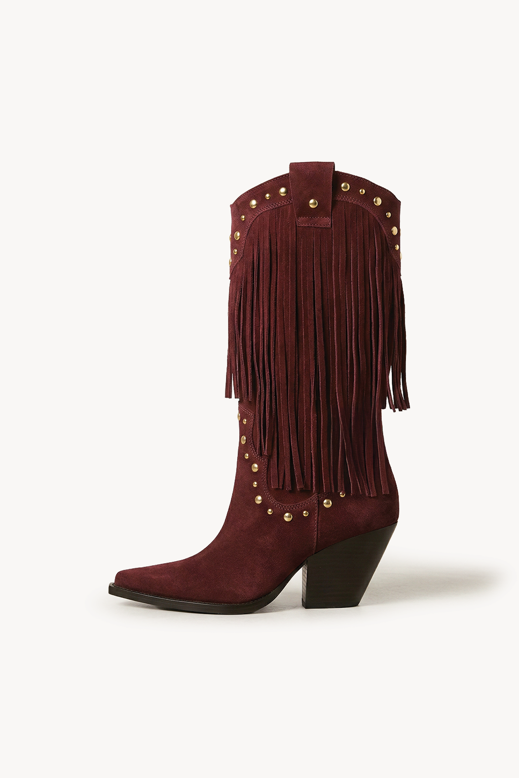 NoirSpill – Cascading Fringe Boots, Burgundy — 04 side profile 2