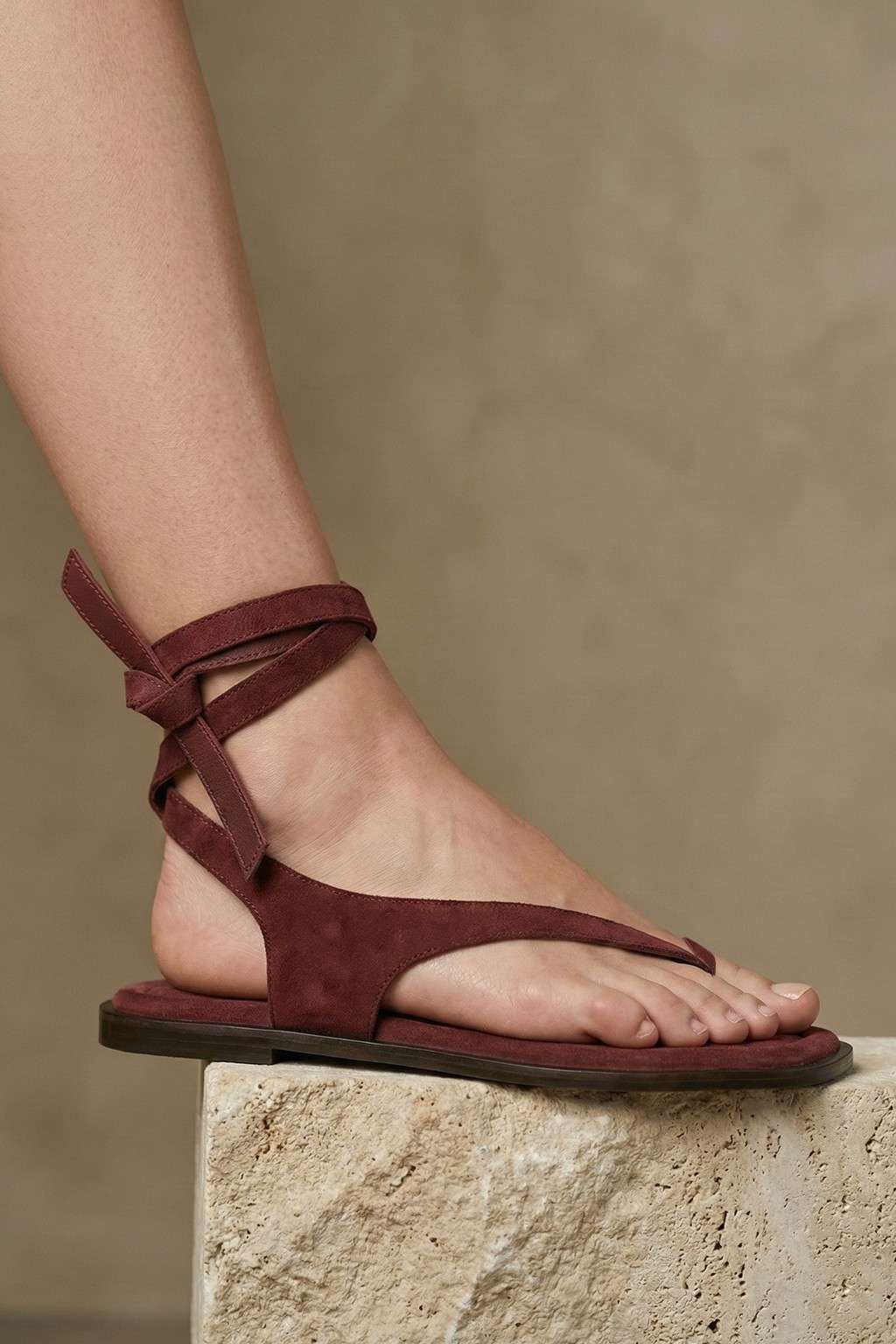 Lumeve – Minimal Wrap Thong Sandals, Burgundy — 06 on the foot