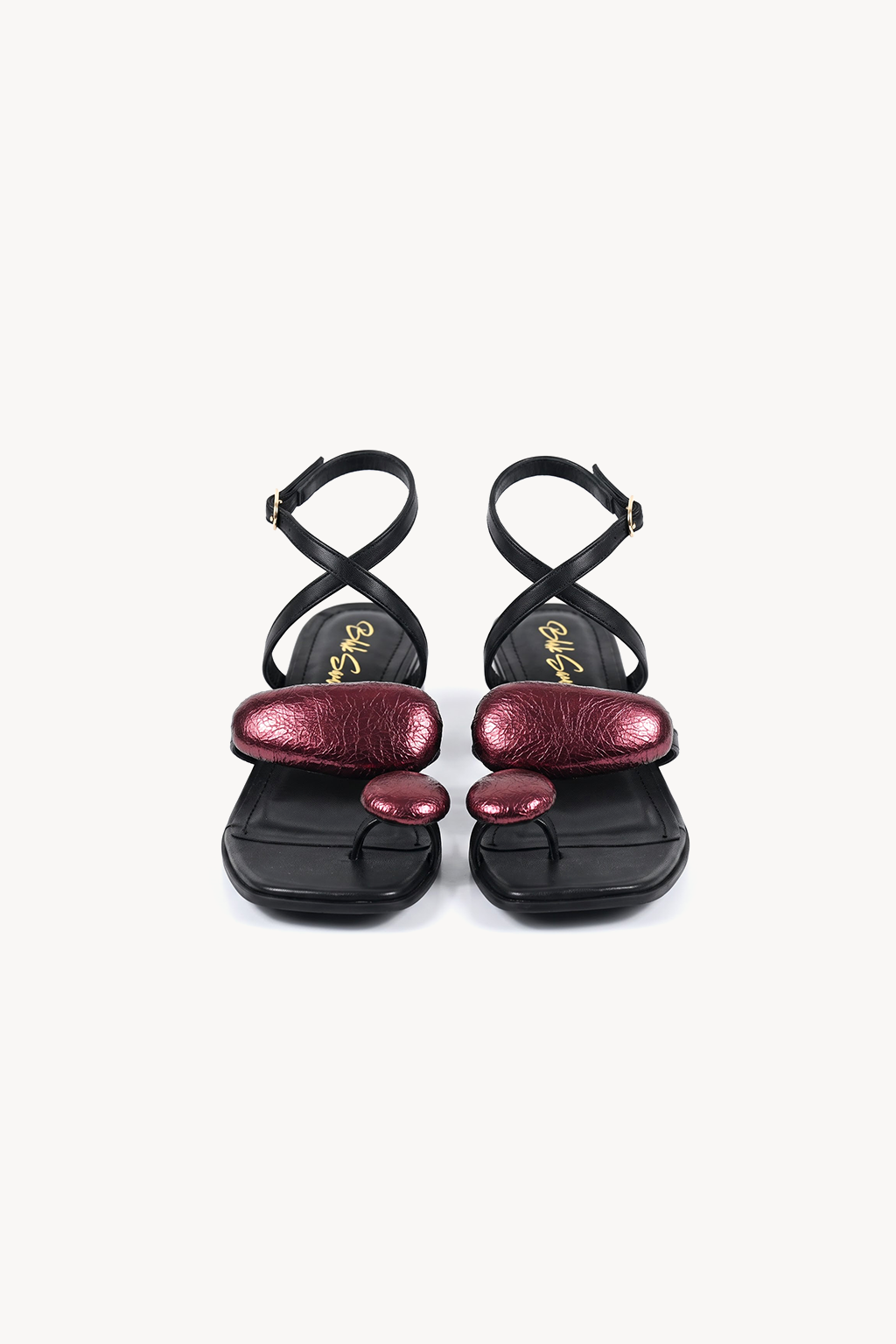 Corola Petal Block Heel, Black & Metallic Deep Red — front