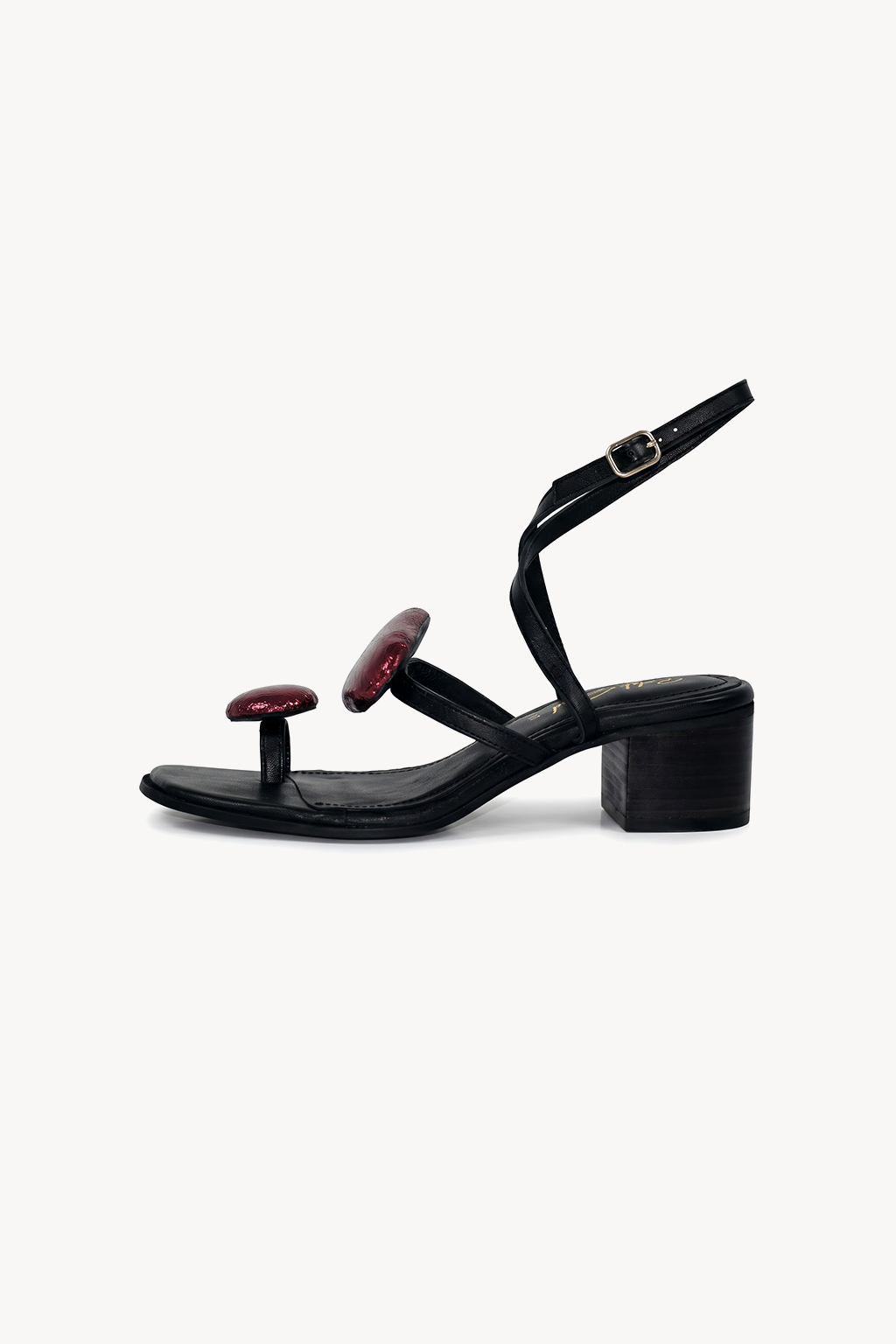 Corola Petal Block Heel, Black & Metallic Deep Red — left