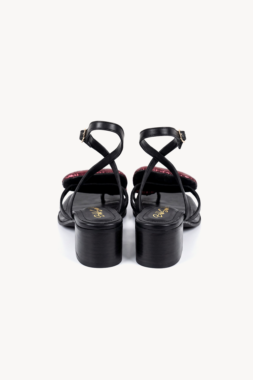 Corola Petal Block Heel, Black & Metallic Deep Red — back