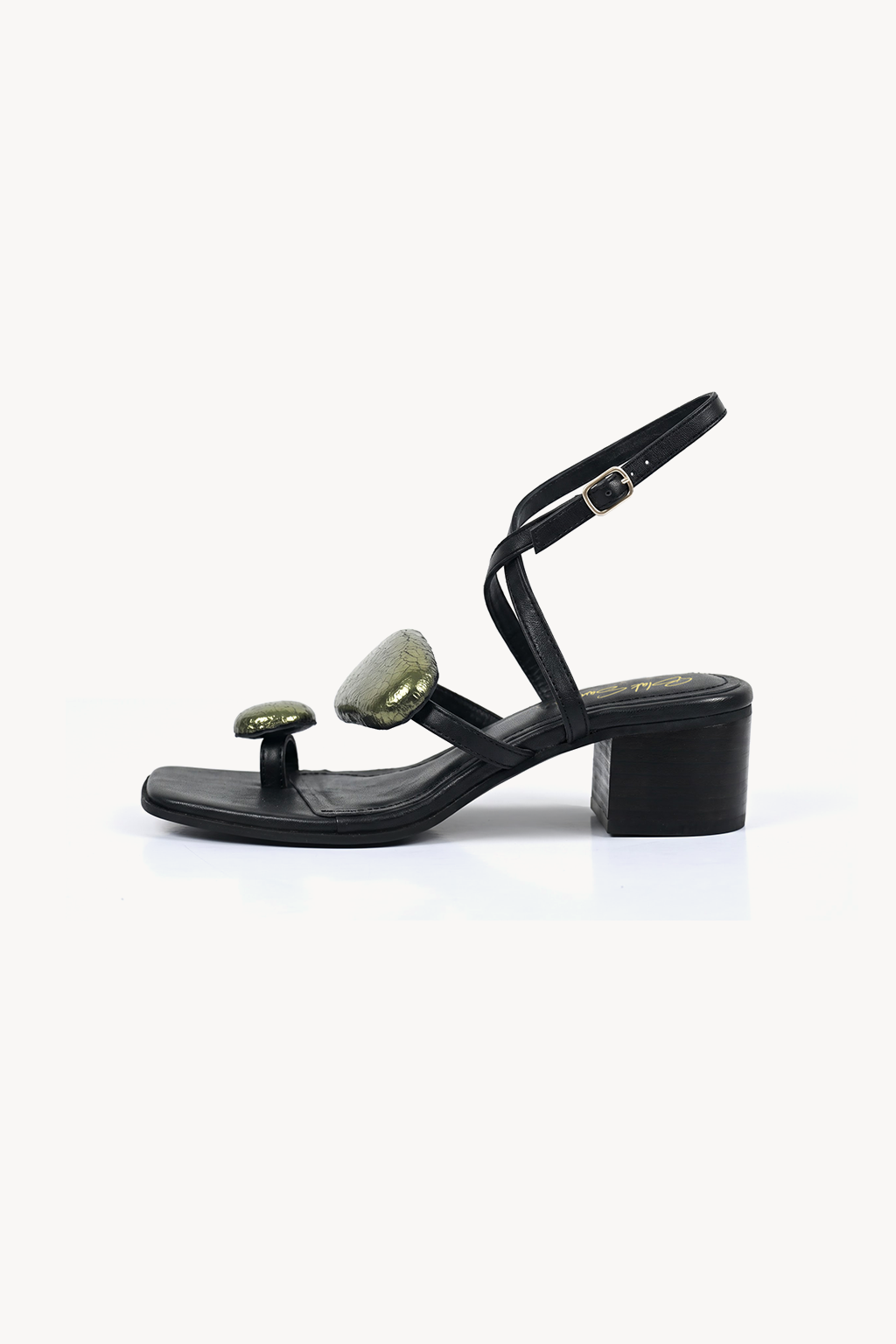 Corola Petal Block Heel, Black & Olive — left