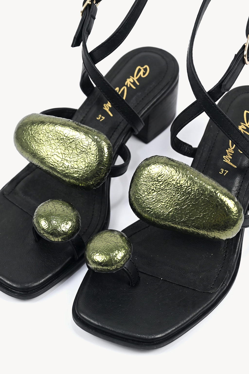 Corola Petal Block Heel, Black & Olive — close-up