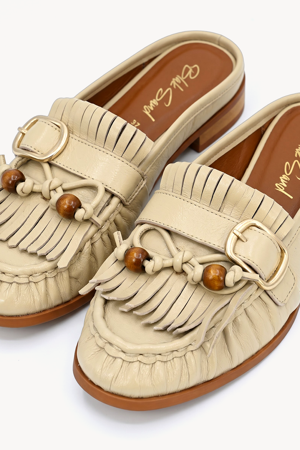Cordelia Buckled Mule, Beige — close-up
