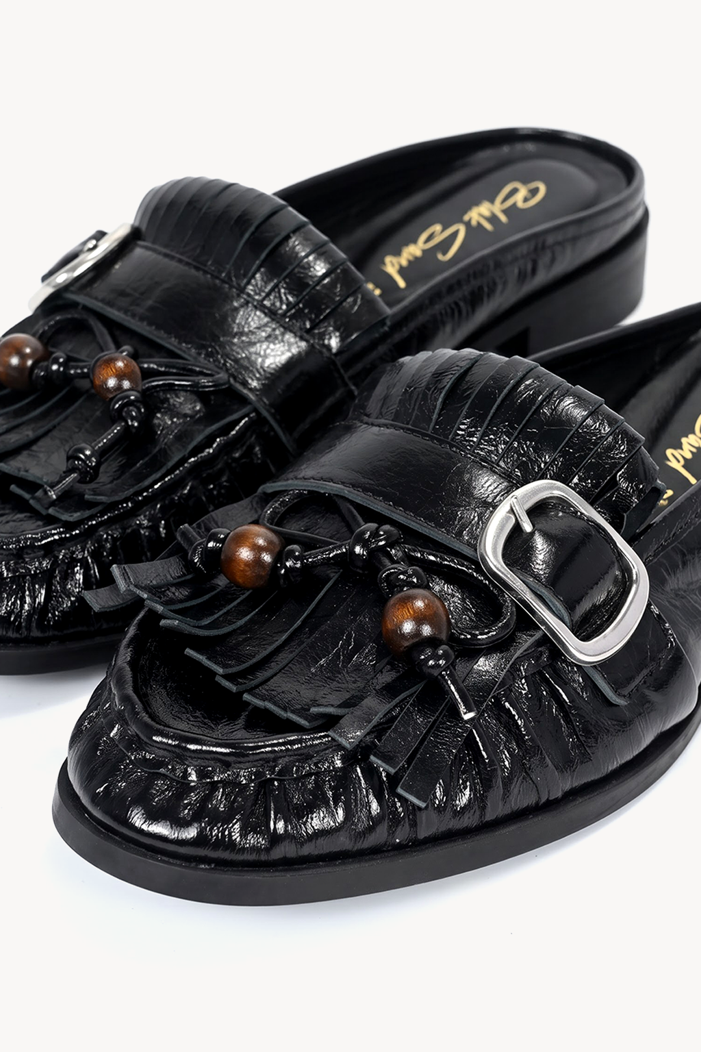 Cordelia Buckled Mule, Black — close-up