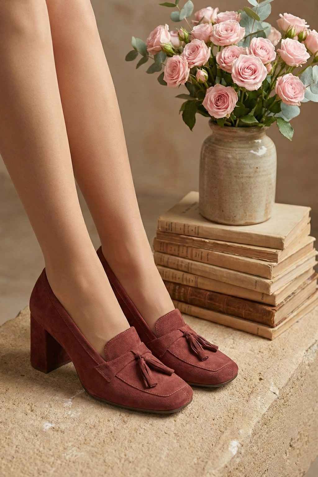 Welaris – Loafer Heel Pumps, Burgundy — 06 on the foot