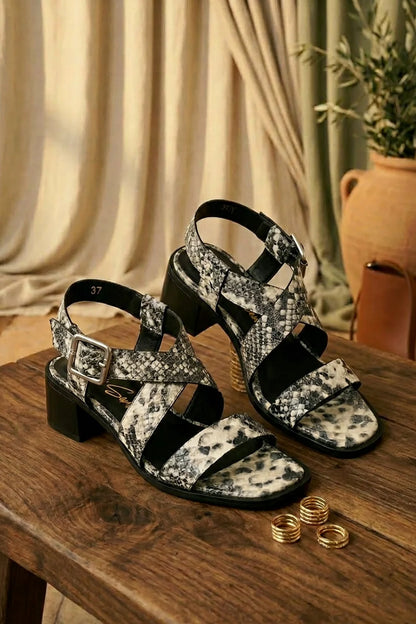 black white snake sandals